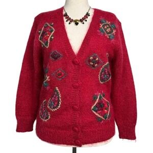 Susan Bristol Mohair Cardigan Hand Embroidered Floral Sweater Vintage Small